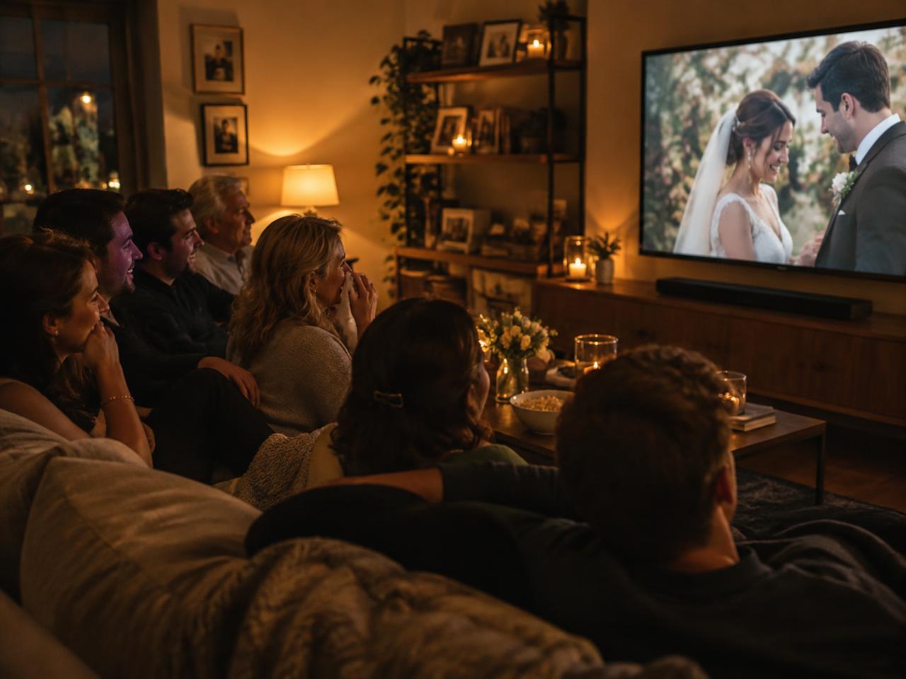 Freunde und Familie schauen gemeinsam einen Hochzeitsfilm